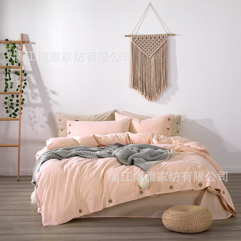 Cross-border exclusive supply of high-end solid-color linen four-piece bedding sets, high-count high-density cotton and linen blended button duvet covers and bed sheets pic 4