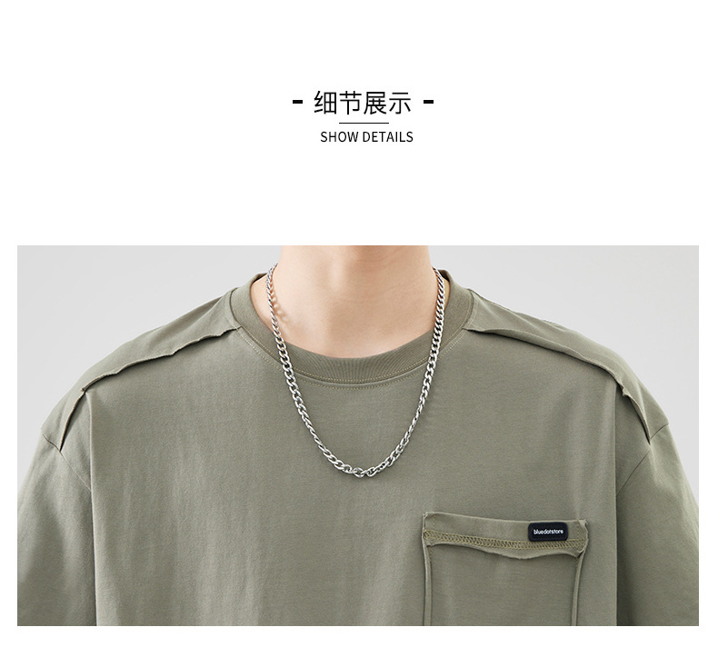 古川男装|日系复古拼接全棉短袖男士宽松大码简约纯色百搭体恤男详情16