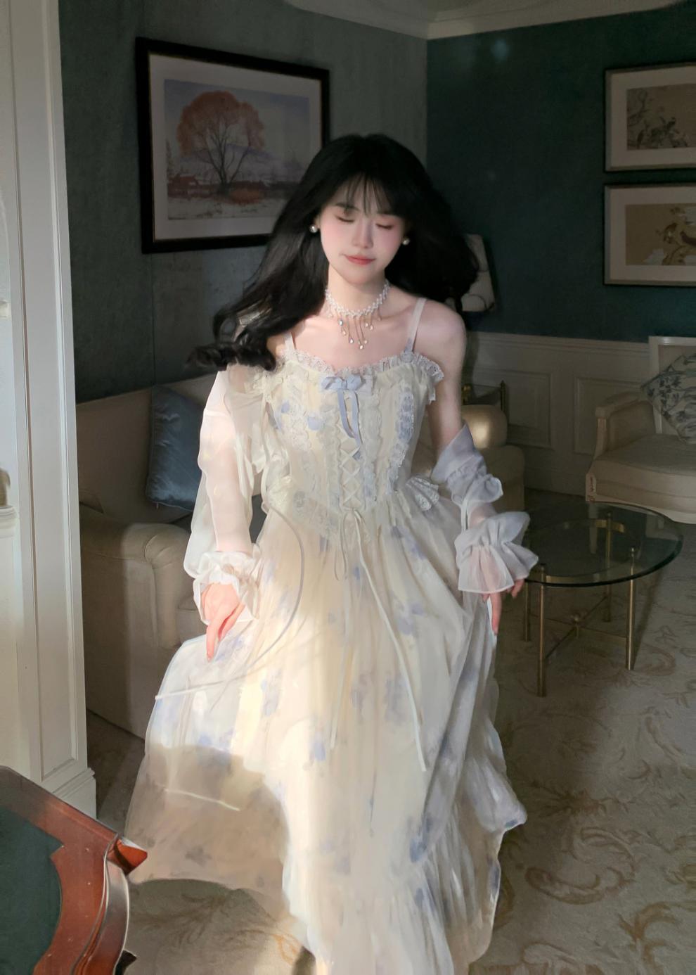 2024新款仙气甜美印花网纱蕾丝花边吊带裙女夏季大摆显瘦公主长裙详情4