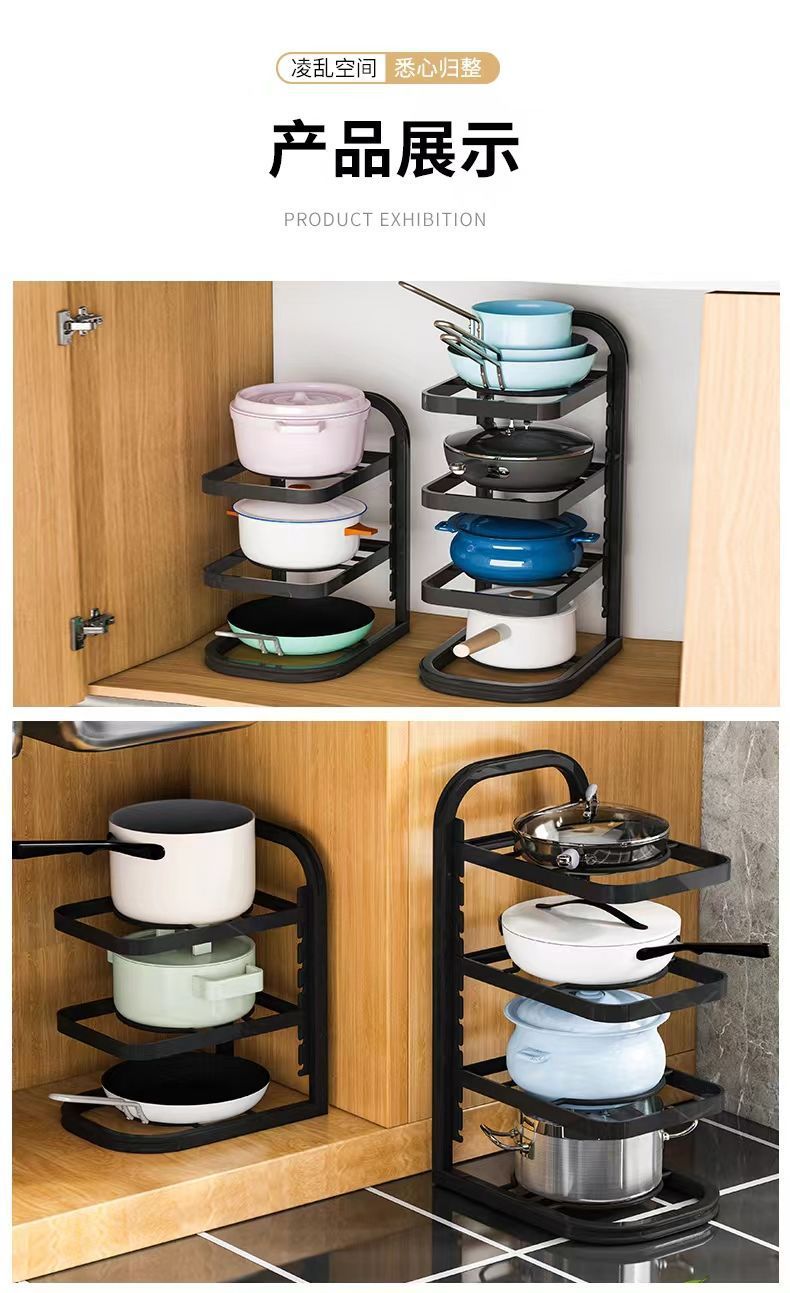 The pot rack is specially designed for storing cookware. It is a stainless steel shelf in the kitchen, with a sink under the rack and multiple layers inside the household cabinet pic 12