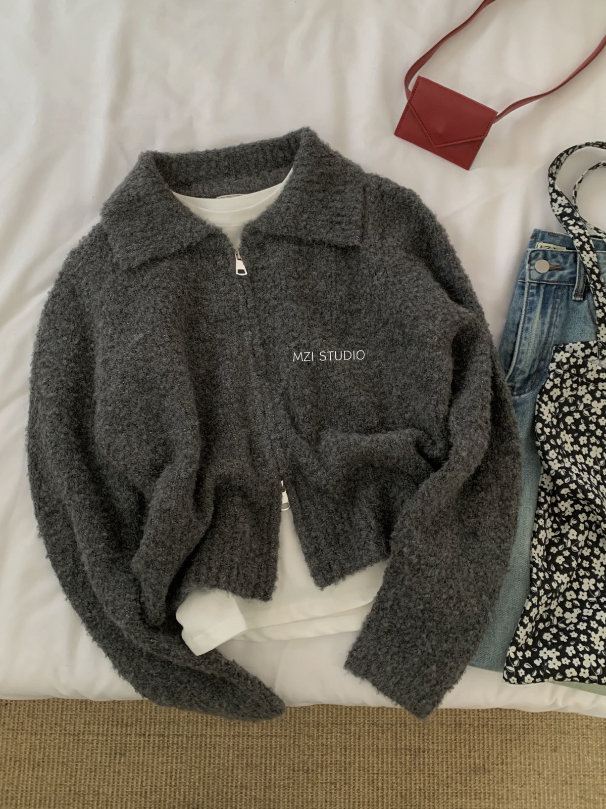 M.ZI秋冬韩系减龄羊毛混纺针织开衫慵懒风休闲宽松拉链毛衣外套女详情6