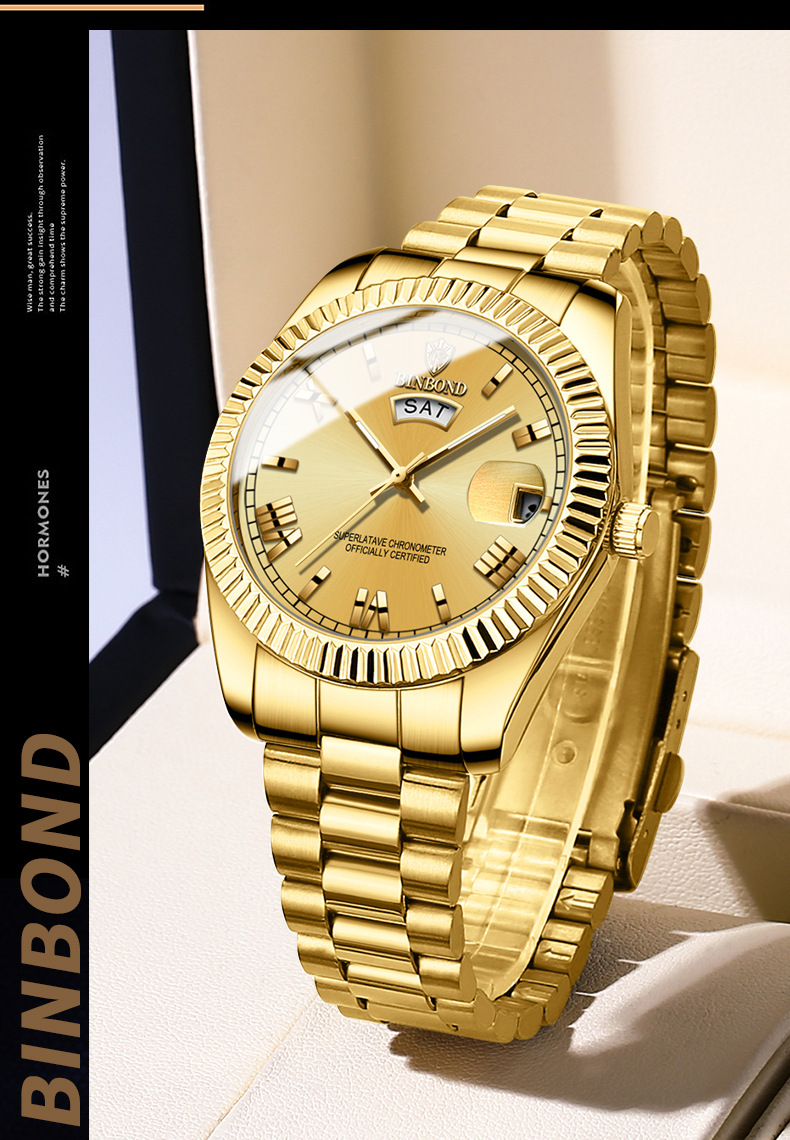 宾邦手表男士非机械表防水日志型时尚男表蓝色跨境情侣商务腕表详情4