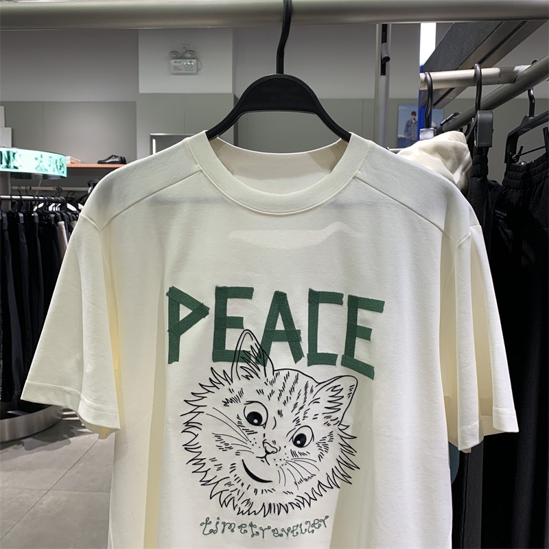 2024春夏款男士猫咪刺绣宽松情侣款街潮米色休闲短袖T恤B1CNE1236详情2