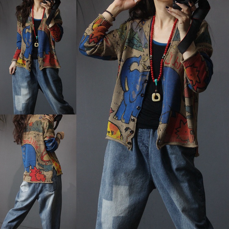 Spring 2021 new printed knitted cardigan for women, retro ethnic style, loose, large-sized, slimming long-sleeved top pic 21