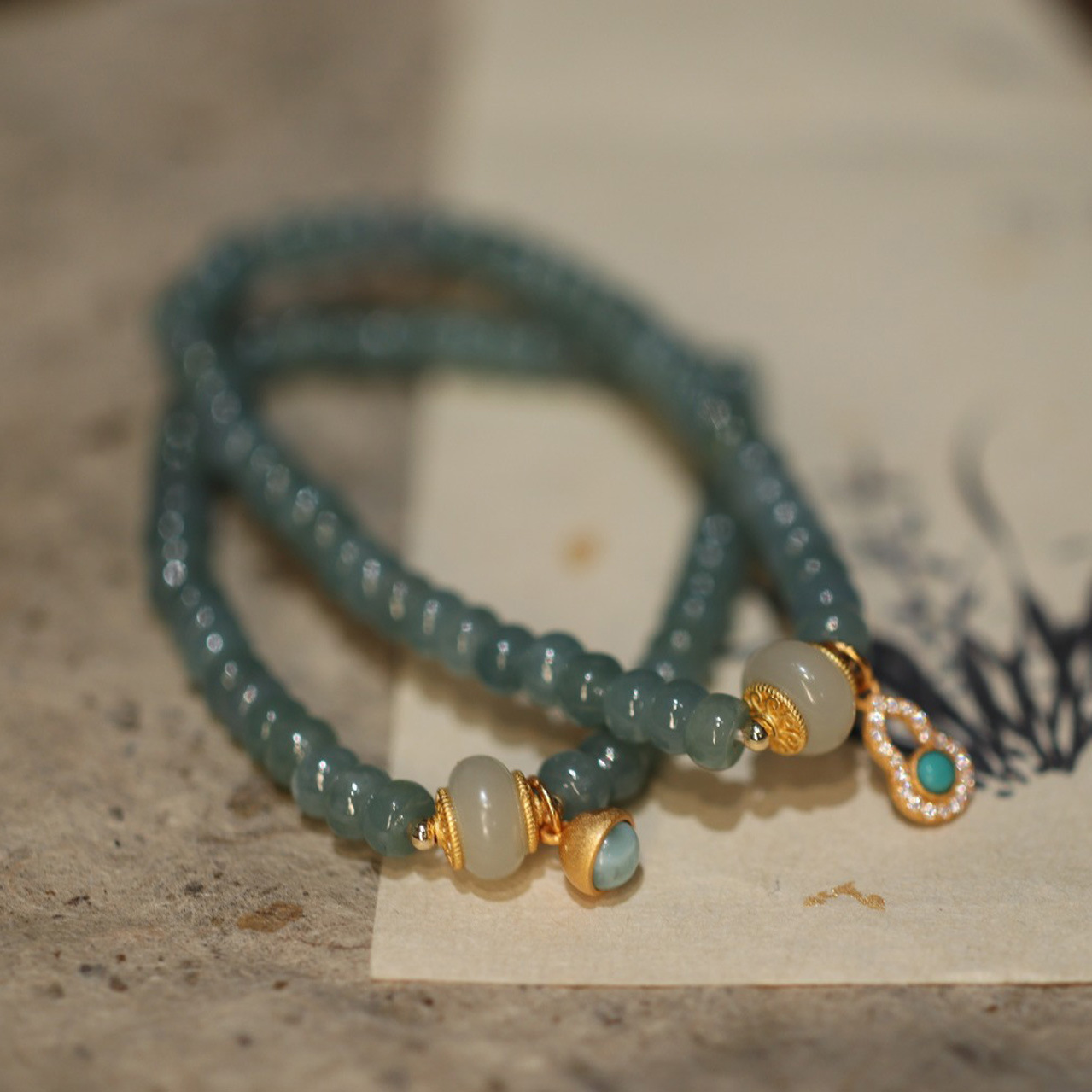 Blue water jadeite abacus bead single-loop bracelet and Tian Tian jade running ring Nan Hong accessory jewelry bracelet for good fortune and auspiciousness pic 16