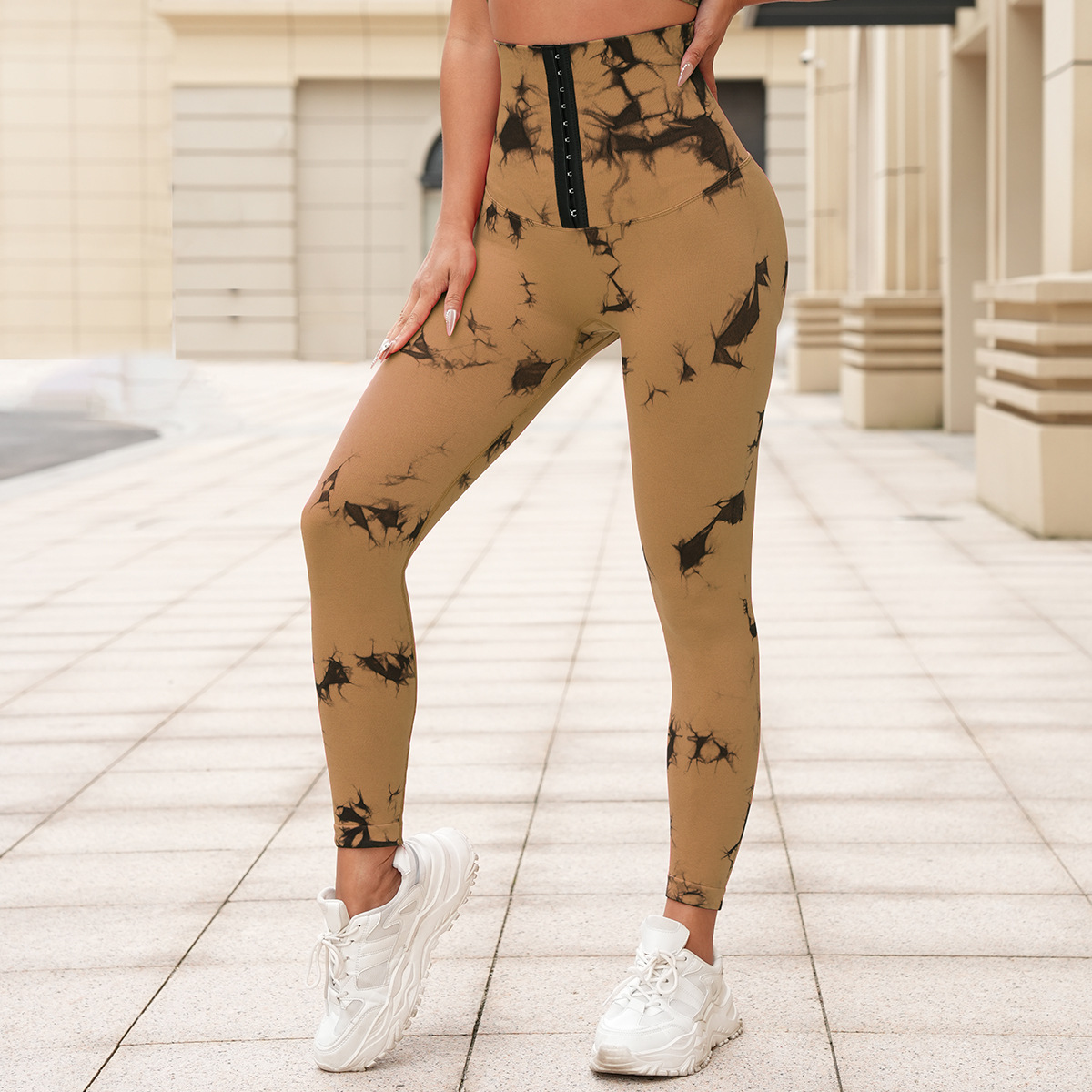 新品无缝扎染瑜伽裤高腰收腹排扣紧身裤提臀健身裤跑步塑身运动裤详情25