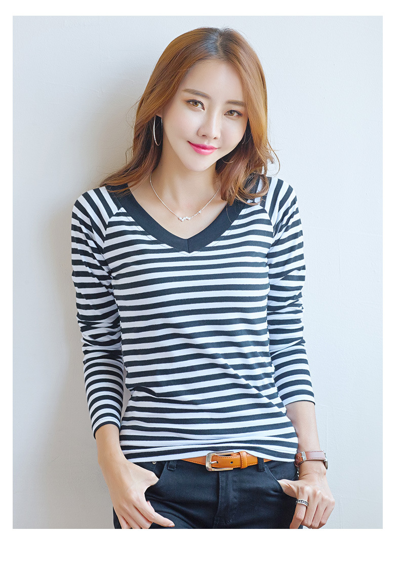 2022 Spring/Summer New Korean-style slim and slimming striped V-neck long-sleeved T-shirt for women, high-quality cotton elastic base layer pic 15