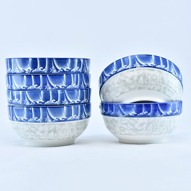 Wholesale of 4-piece 8-inch blue and white porcelain bowls from the manufacturer, including noodle bowls, soup bowls, commercial and household porcelain bowls, and complete sets pic 3