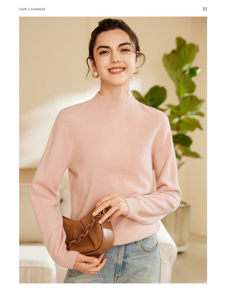 女式羊绒衫100%纯山羊绒秋冬新款半高领一线成衣无缝针织打底毛衣详情23