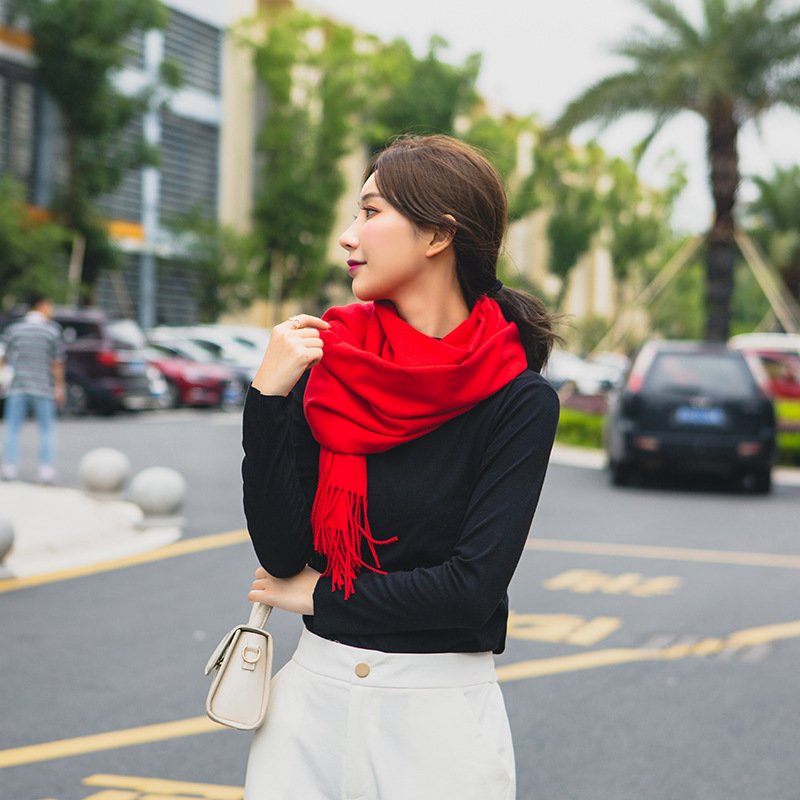 Autumn and winter silk velvet long scarf, Chinese red tassel warm scarf, company annual meeting souvenir shawl for women pic 21