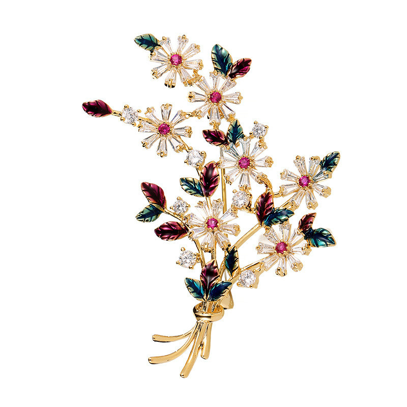 如奢饰品韩版高档镶锆石滴油枝叶花朵胸针女时尚珍珠胸花西服别针详情6