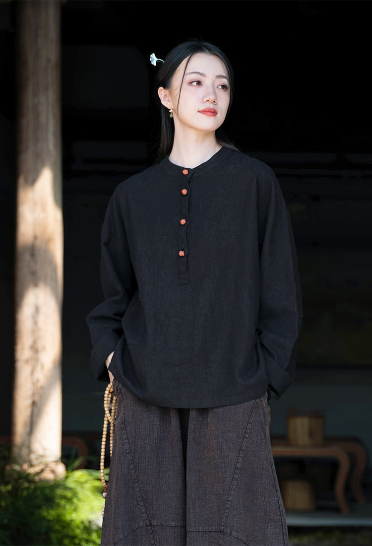 2024春夏棉麻女装新品亚麻立领拼色盘扣套头大码上衣女式棉麻衬衫详情23