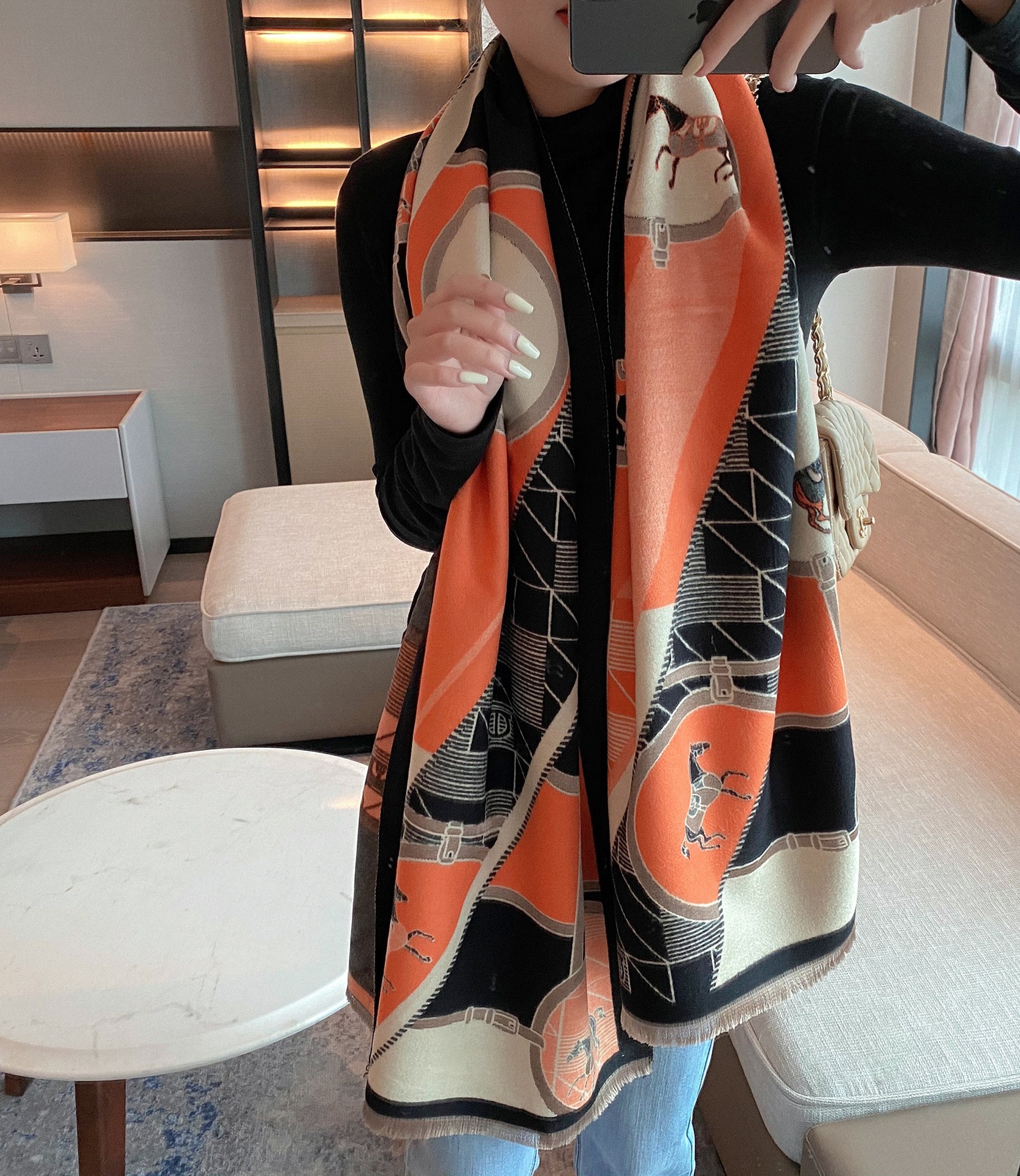 Elegant autumn and winter warmth, short beard tassel, travel outer scarf, imitation cashmere socialite scarf, versatile for women, horse in stock pic 16