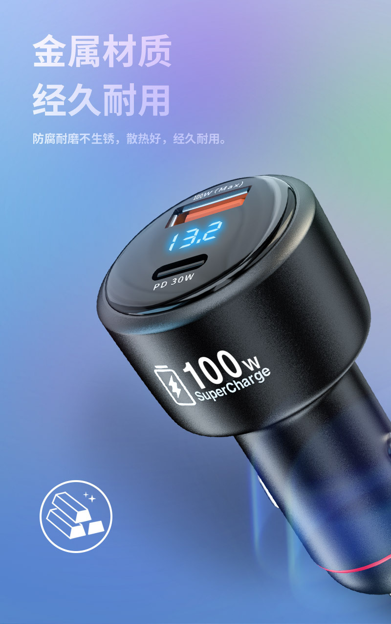 新款车载充电器一拖二100w超级快充汽车车用点烟器PD快充转换插头详情24