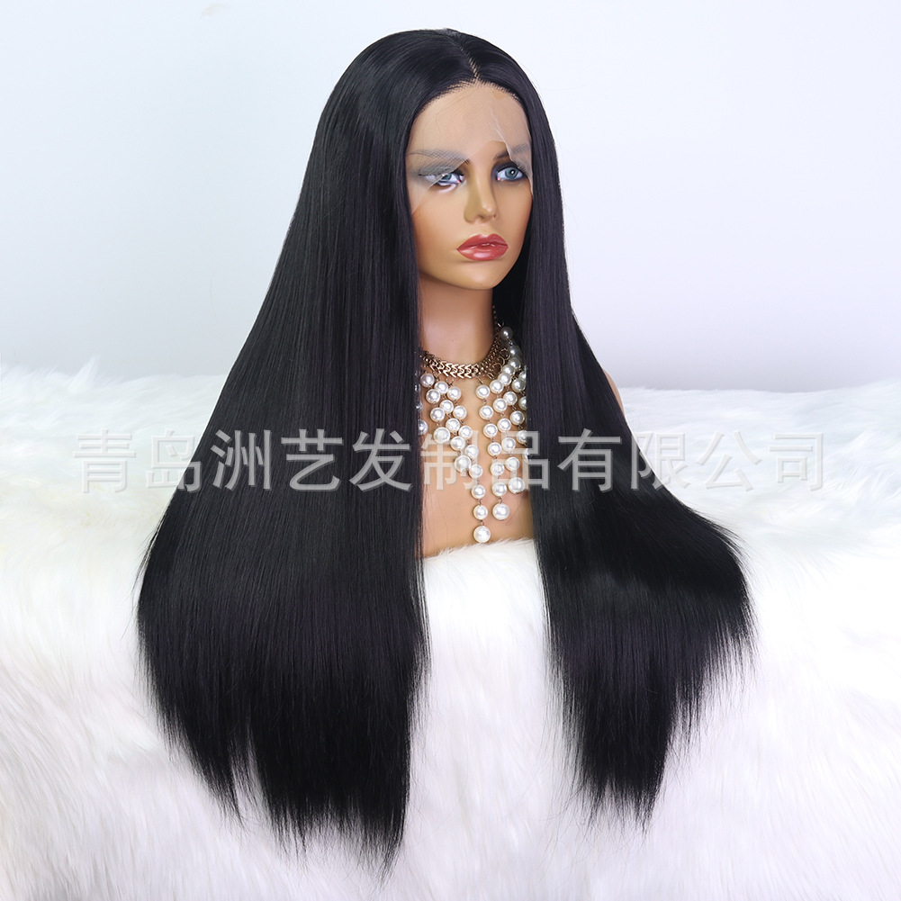 Synthetic fiber front lace wig, European and American anti-human hair black middle part long straight hair cover manufacturer wholesale one-piece consignment pic 2