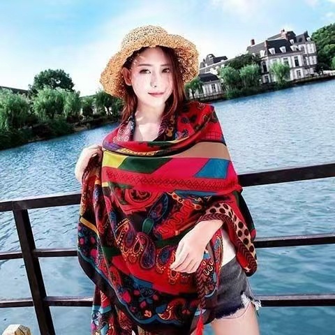 西藏茶卡盐湖沙漠旅游拍照民族风披肩防晒斜纹棉流苏围巾超大丝巾详情6