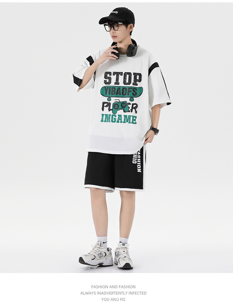 夏季薄款宽松短袖T恤套装批发青少年男初高中生潮流帅气两件套详情14