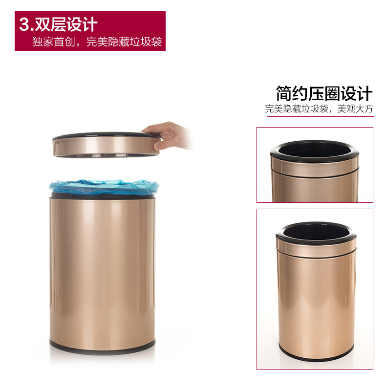 Creative trash can, double-layer thickened PP round storage bucket, household stainless steel trash can pic 13