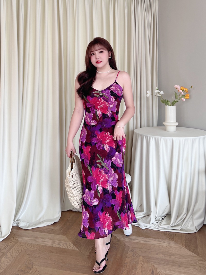 润其N8725法式收腰紫花鱼尾吊带裙批发 大码女装吊带连衣裙详情10