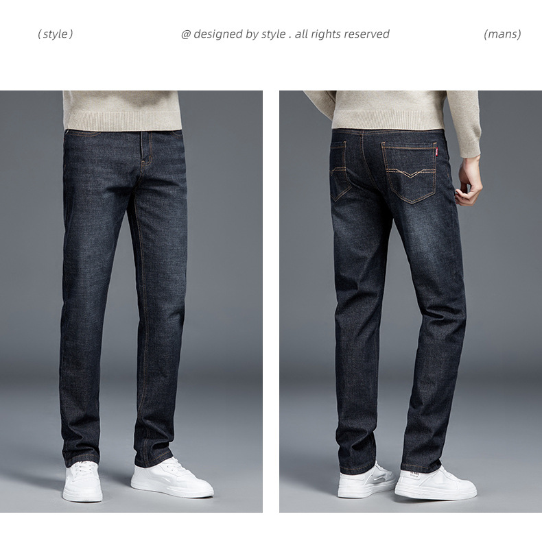 Fleece jeans for men in winter, mid-waist no-iron casual pants, warm thickened stretch straight-leg pants for men pic 14