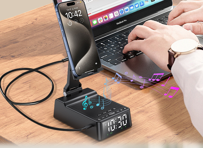 直播手机支架带蓝牙音箱无线充电桌面折叠手机支架音响时钟礼品蓝牙音响详情8