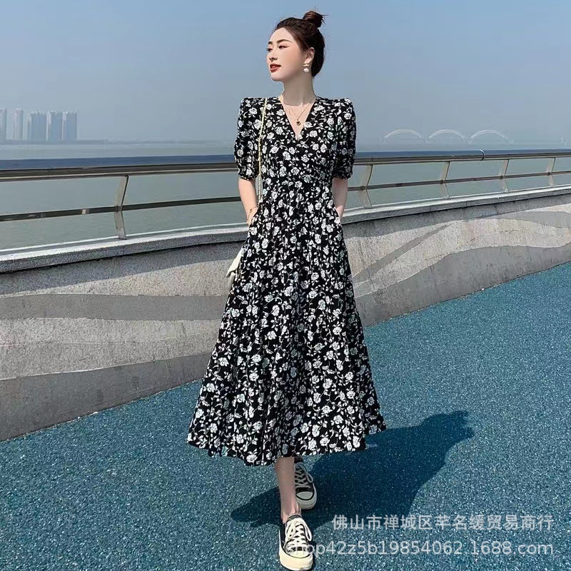 Early spring petite elegant dress for women 2023 summer waist-cinching and slimming lady chiffon floral mid-length dress pic 12