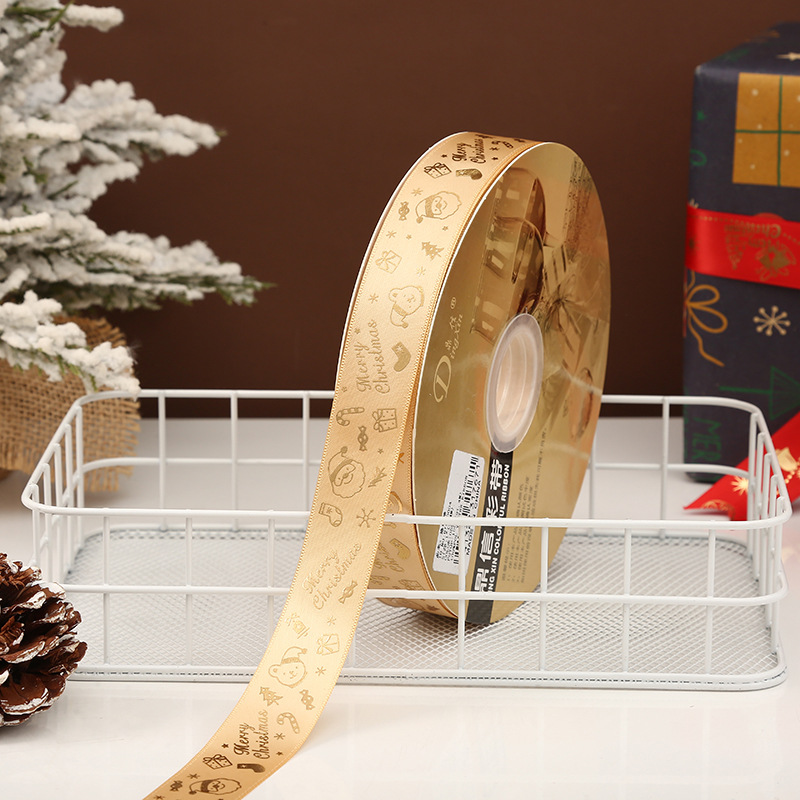 Dingxin Christmas ribbons are in stock and available for wholesale. 2.5CM gold-embossed printed Christmas gift packaging bow polyester ribbons pic 10