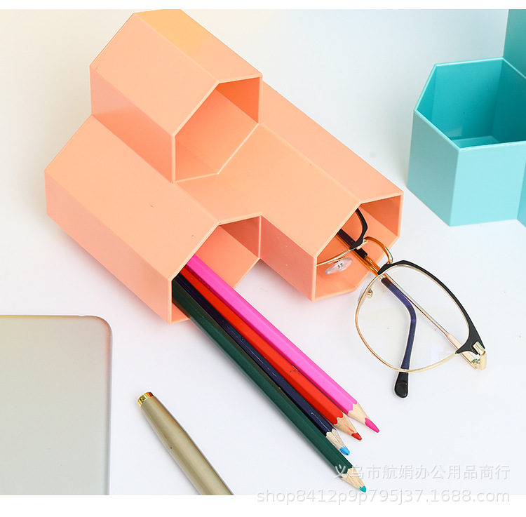 An ins minimalist hexagonal creative pen holder for dormitory and office stationery desktop storage, a student storage box decoration pic 13