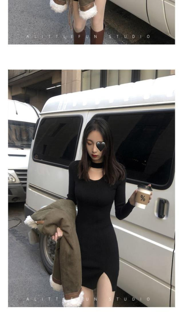 法式纯欲风性感开叉黑色针织连衣裙女秋冬设计感小众辣妹穿搭裙子详情3