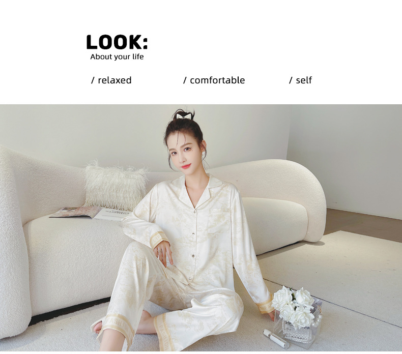 2023春季新款情侣睡衣女印花冰丝长袖长裤套装可外穿男士家居服夏详情9