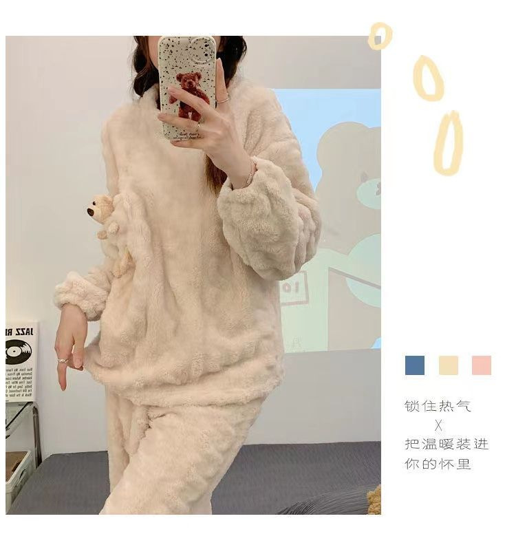 秋冬季女士法兰绒睡衣女冬款长袖加厚加绒可爱女生家居服套装详情21