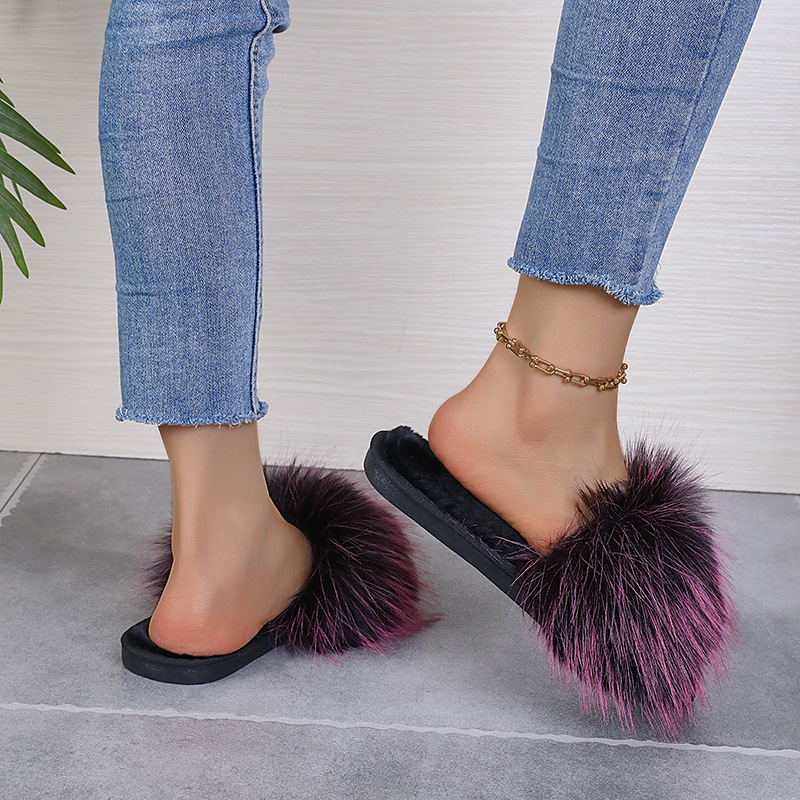 2024新款长毛绒拼色平底毛毛拖鞋女秋冬居家室内地板拖外贸一字拖详情28