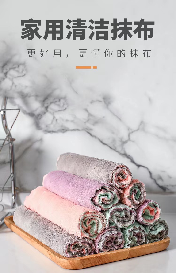 Factory direct supply of dishcloths wholesale. Thickened coral fleece cloths for wiping tables. Super absorbent household cleaning scouring pads pic 3