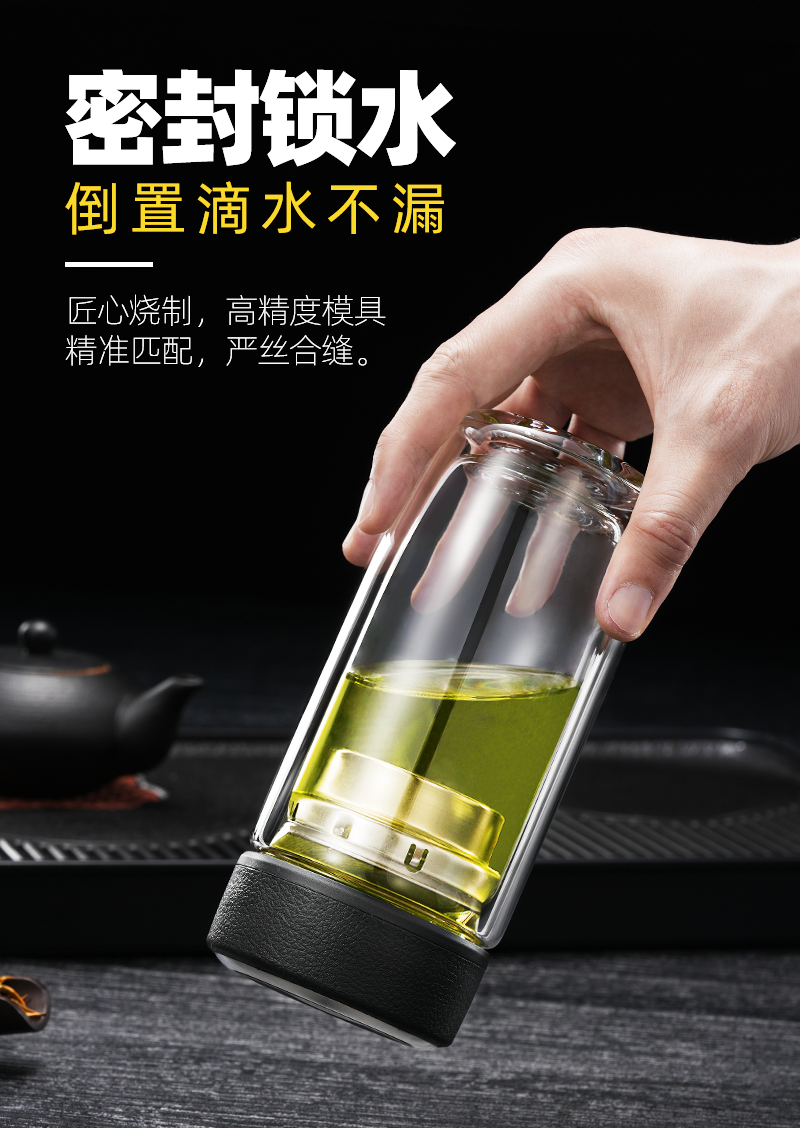 Thickened double-layer glass cups, large-capacity tea-water separation cups, business tea brewing cups, car-mounted goose egg cups, gift printed words pic 7
