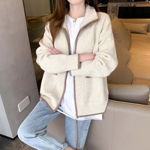 2023秋冬新款韩版毛衣外套女宽松中长款口袋学院风时尚撞色针织衫详情26