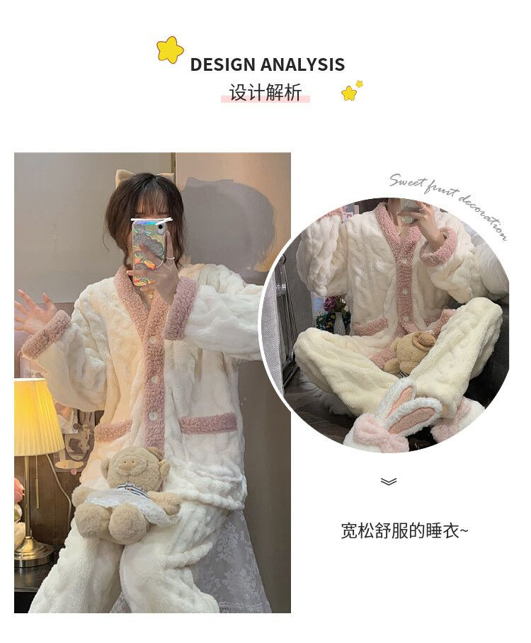 秋冬季女士法兰绒睡衣女冬款长袖加厚加绒可爱女生家居服套装详情15