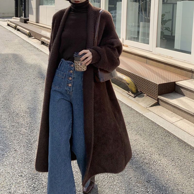 2023 Spring and Autumn laid-back and loose, knee-length, thickened, pure imitation mink fleece knitted sweater cardigan for women pic 21