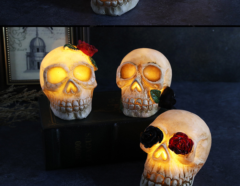 跨境新款万圣节发光树脂骷髅头LED恐怖骷髅装扮道具万圣节装饰品详情10