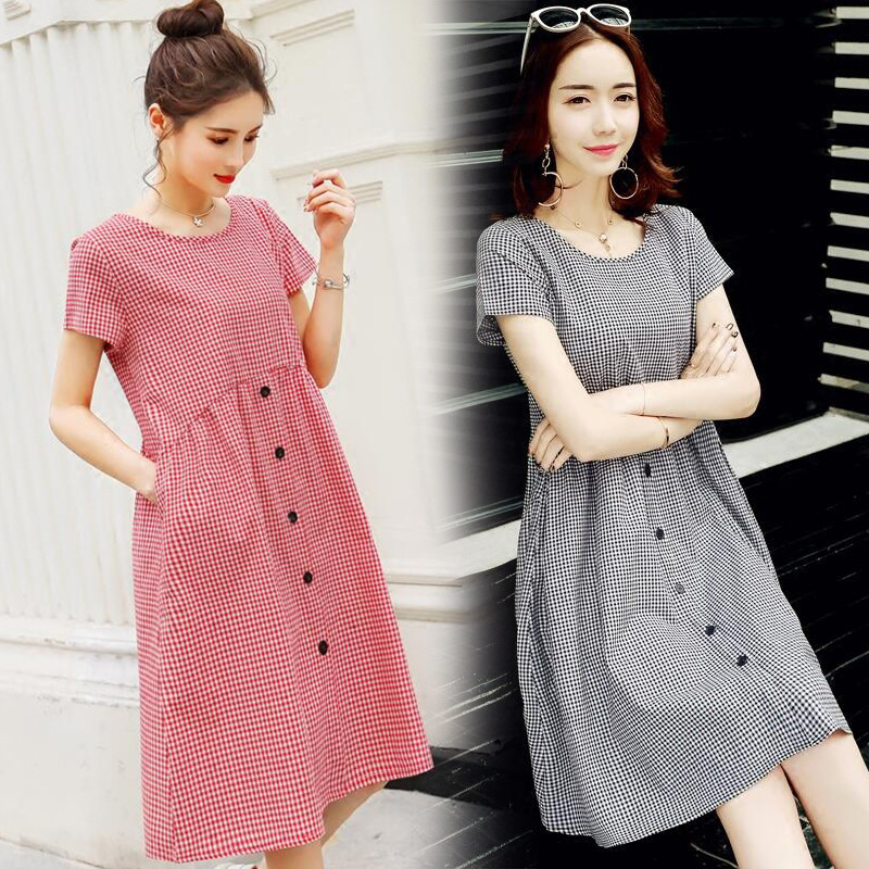 New women's summer short-sleeved dress in stock, mid-length, loose and plaid summer dress pic 22