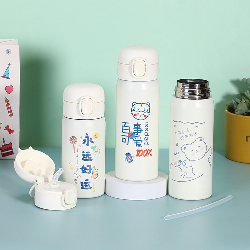 卡通304不锈钢弹跳杯双层真空带锁扣保温杯儿童户外带提手豌豆杯详情5