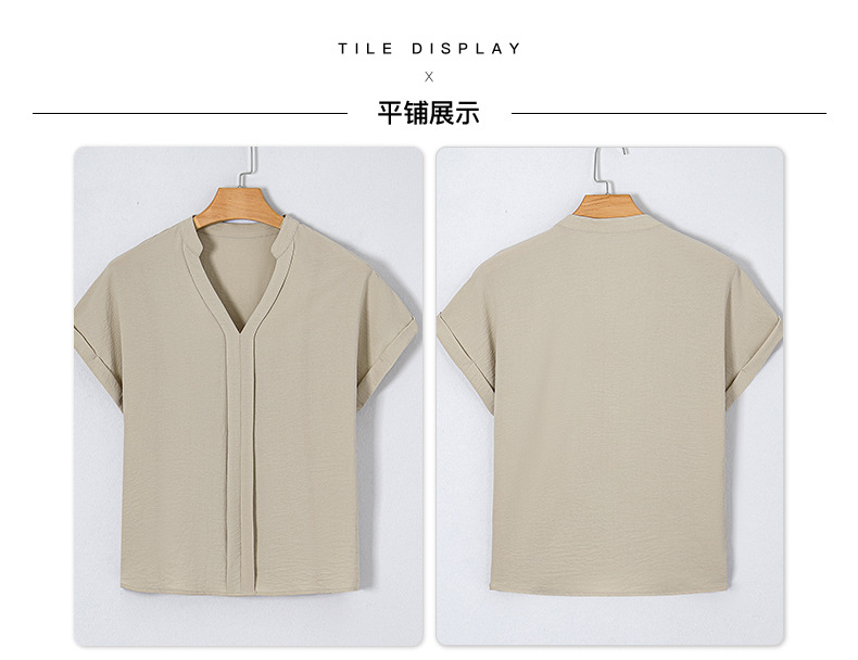 时颖夏季新款纯色V领短袖T恤女欧美时尚褶皱薄款透气套头衫女详情3