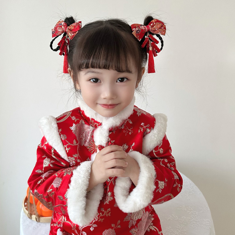 新年款红色古风流苏发夹儿童汉服发卡头饰女童复古蝴蝶结发夹发饰详情31