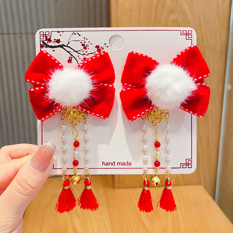 新年款红色古风流苏发夹儿童汉服发卡头饰女童复古蝴蝶结发夹发饰详情41