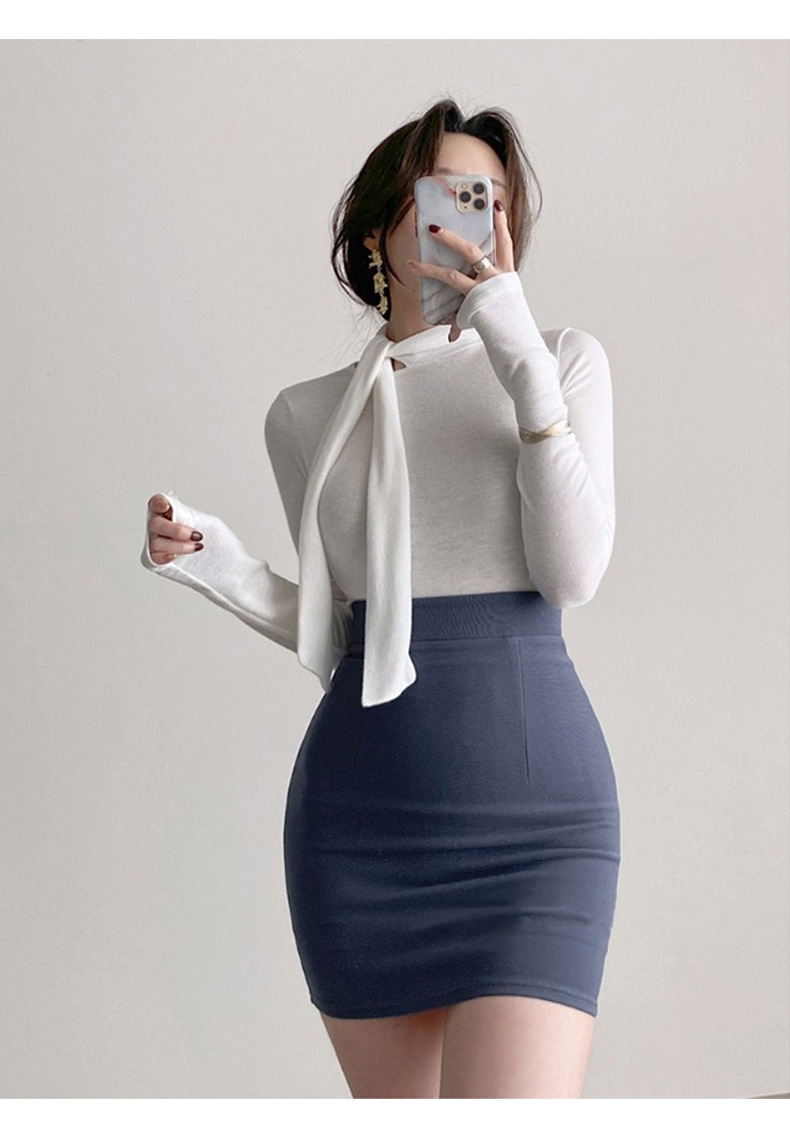 女人味飘带紧身高领长袖T恤女 韩国东大门新款温柔奶油粉女式上衣详情13