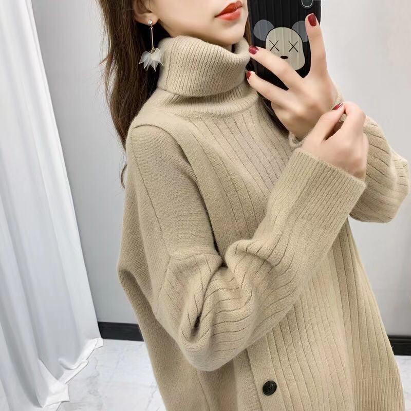 A new Korean style high-neck sweater for women in the autumn and winter of 2023, a loose and laid-back mid-length irregular knitted top pic 21
