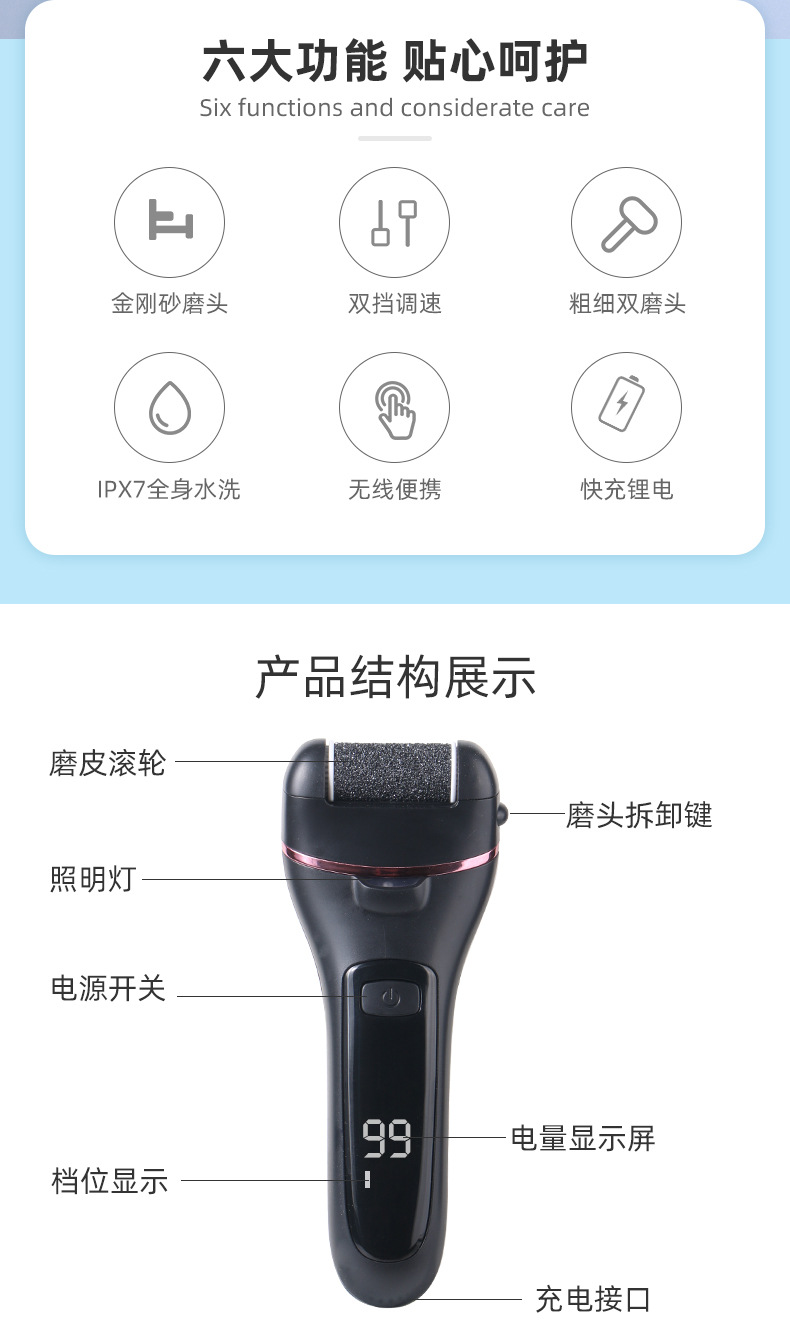 New electric foot scrubbing device, digital display rechargeable pedicure device, water-washable automatic removal of dead skin and calluses, household use pic 2