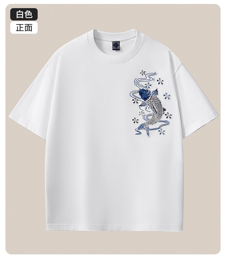 国潮夏季新款260克重磅纯棉短袖t恤男中国风锦鲤刺绣宽松大码男装批发 pic 34