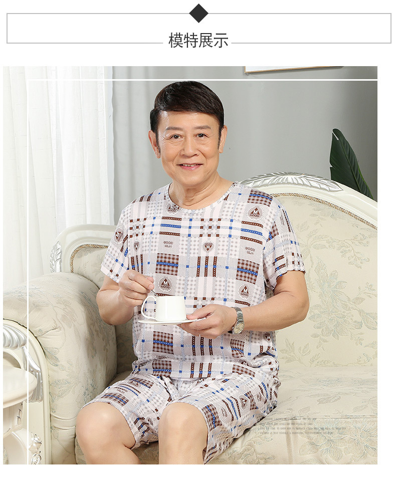 Dad pajama set, large-sized, short-sleeved cotton and silk two-piece set for middle-aged and elderly people. Cotton and artificial cotton can be worn outside as home wear pic 9