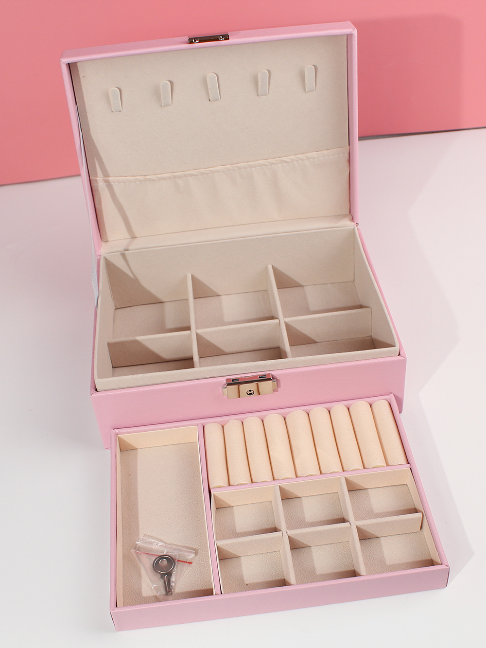 瑾奇2023首饰盒带锁双层大容量皮革珠宝饰品戒指项链耳环耳钉收纳盒子 粉色儿童收纳系列 JQ009详情19