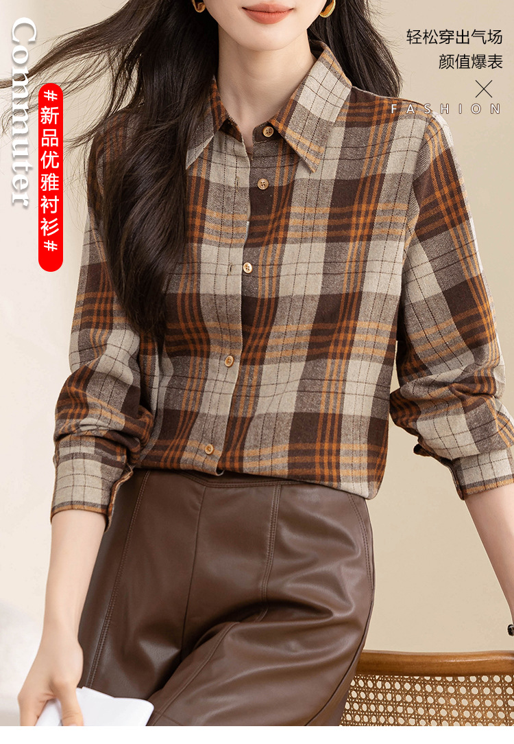 复古格子衬衫女长袖秋冬装新款中长款宽松上衣设计感小众磨毛衬衣详情1